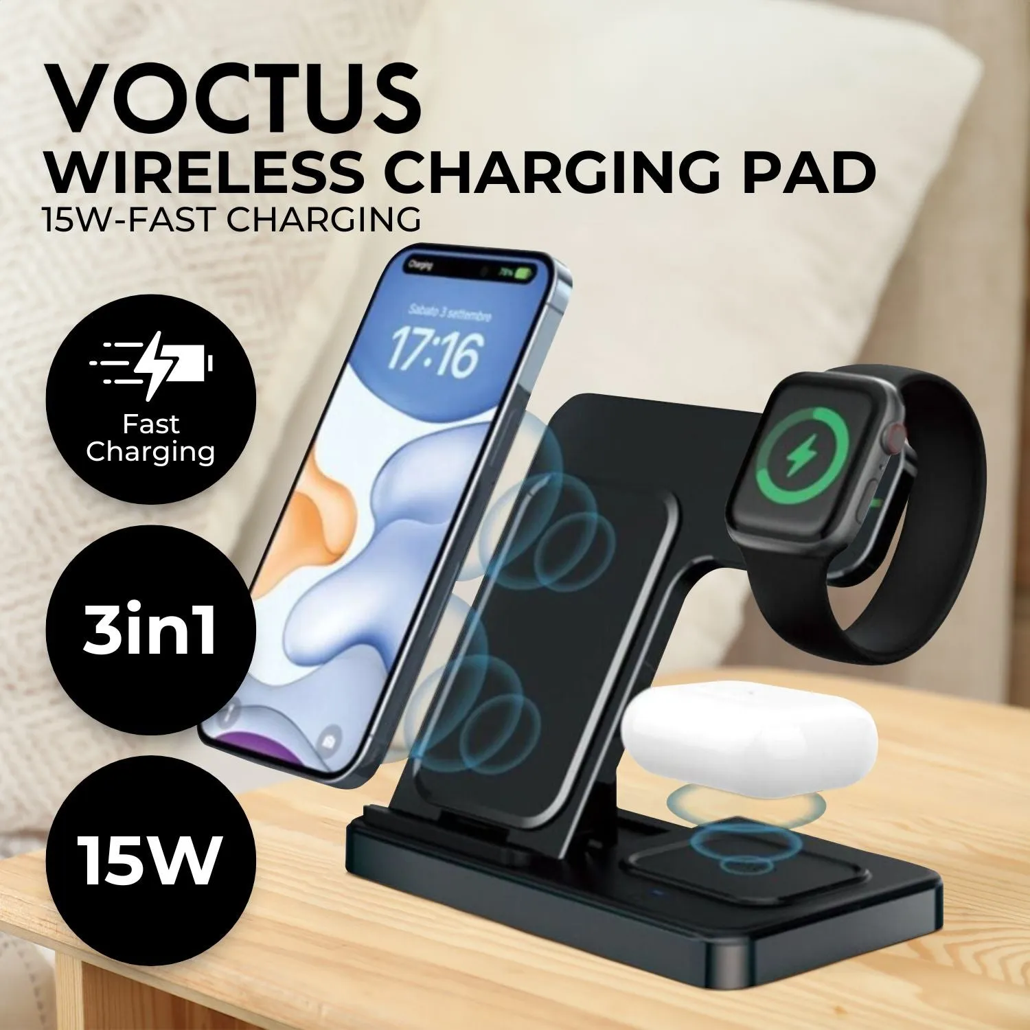 15W Fast Charge 3 in 1 Wireless Charger, Anti-Slip, Voctus