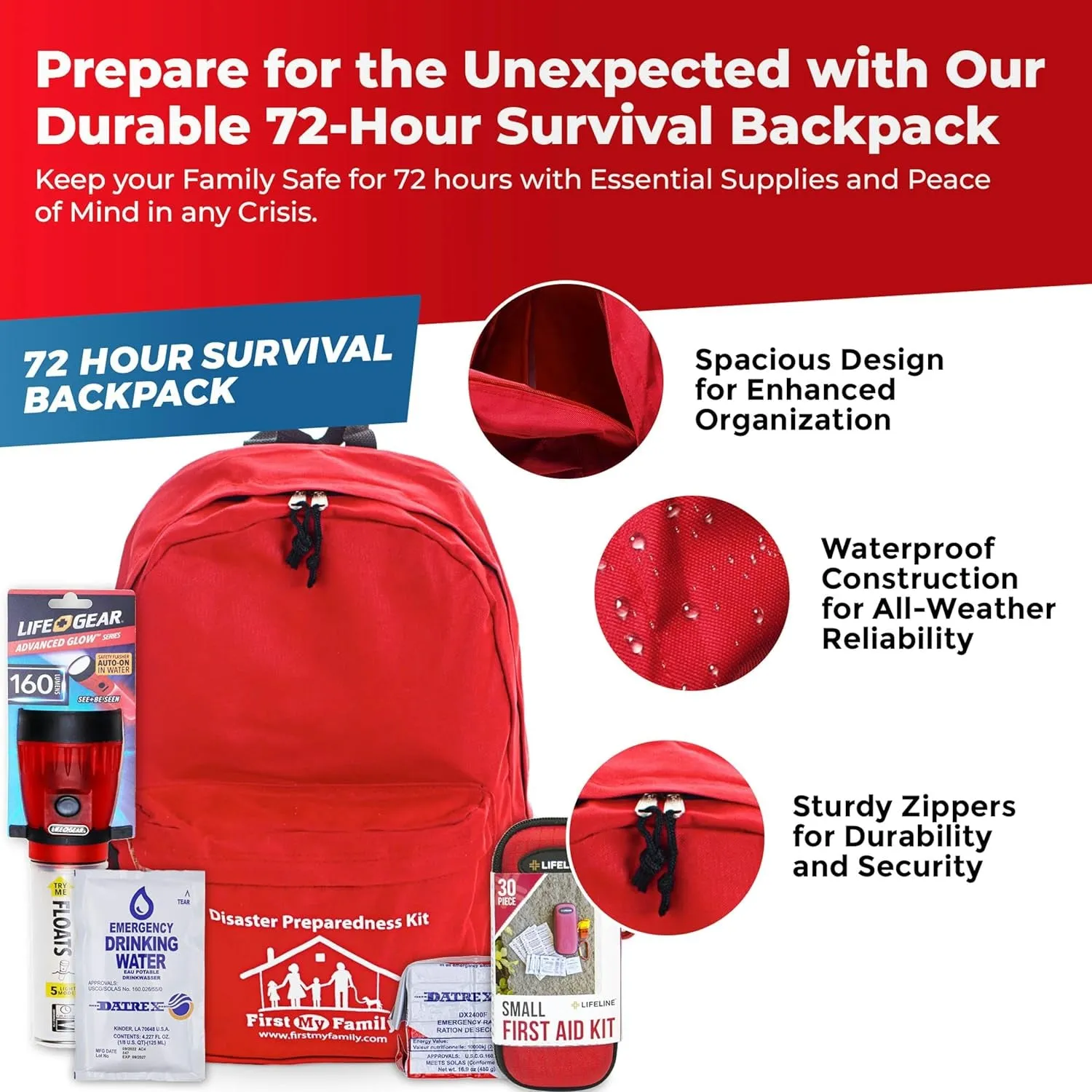 First My Family All-In-One Premium Disaster Preparedness Survival Kit with 72 Hours of Survival and First-Aid Supplies