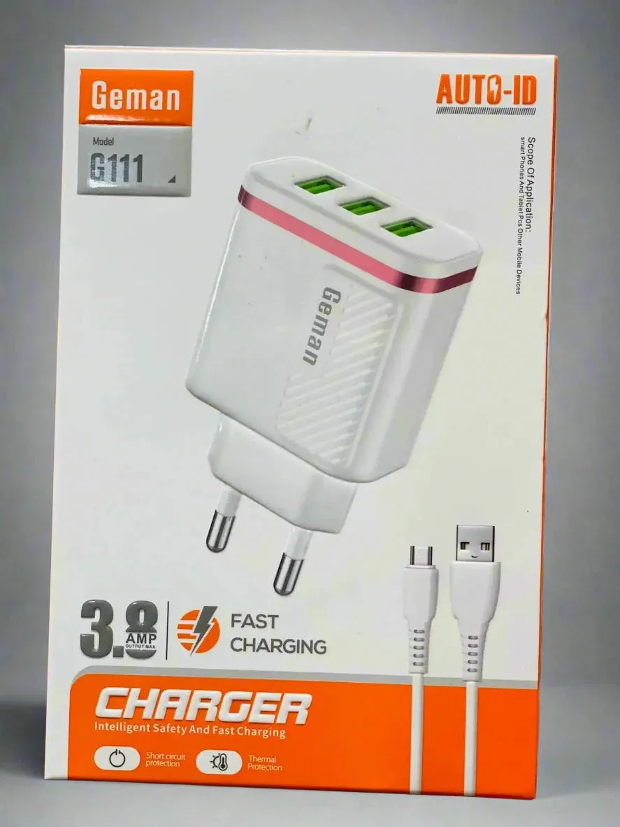 Geman G111 3.8A Fast Charger with AUTO-ID Technology – 3 USB Ports, Micro USB Cable