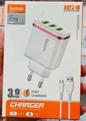 Geman G111 3.8A Fast Charger with AUTO-ID Technology – 3 USB Ports, Micro USB Cable