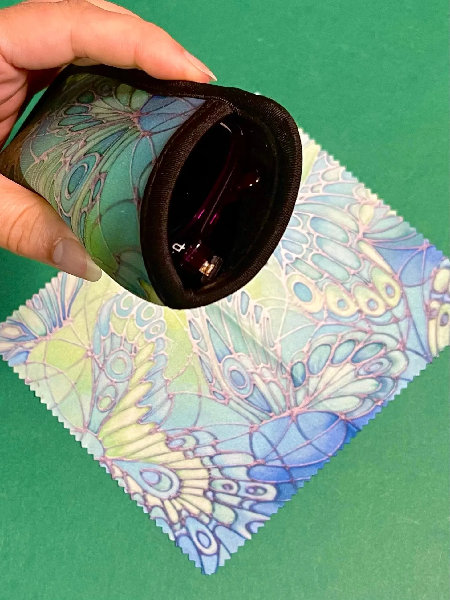 Green Butterflies  Glasses Cover & Cleaning Cloth - slip-on padded washable cover and microfibre cloth for glasses.