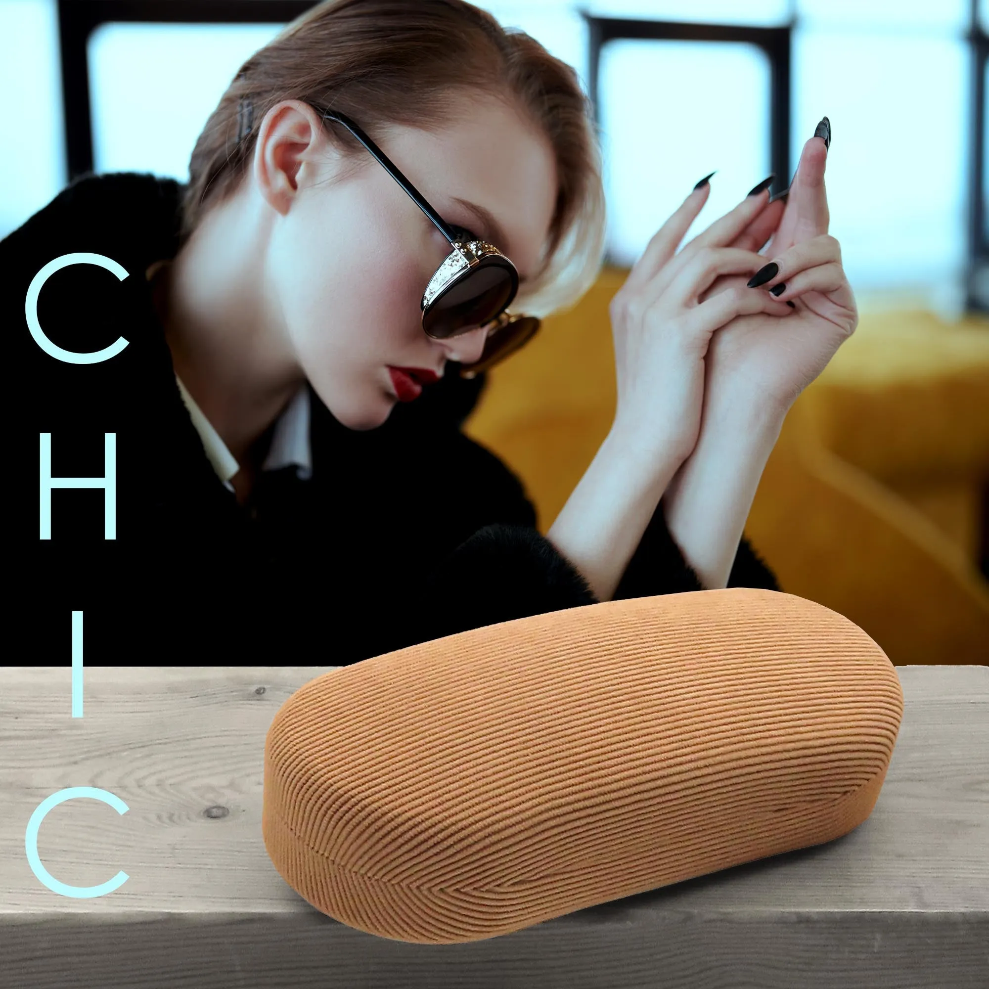 Hard Sunglasses Case, Glasses holder with pouch an cloth - Large eyeglass clamshell  (AS87 Corduroy Beige)