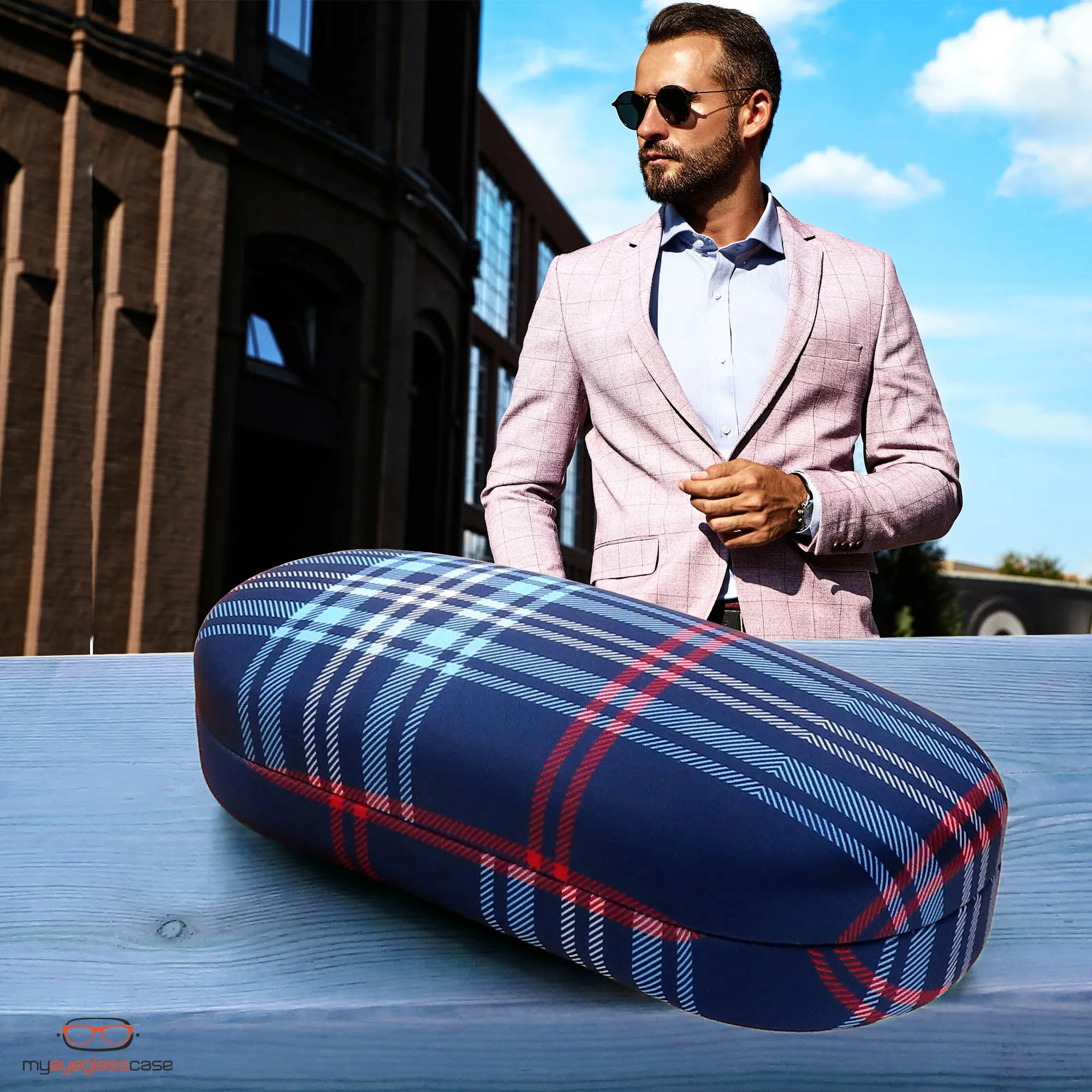 Hard Sunglasses Case in a Plaid Blue Pattern - Large Eyeglass Case Holder w/Pouch & Cloth for Medium- Large Frames (AS87 PLAID Blue