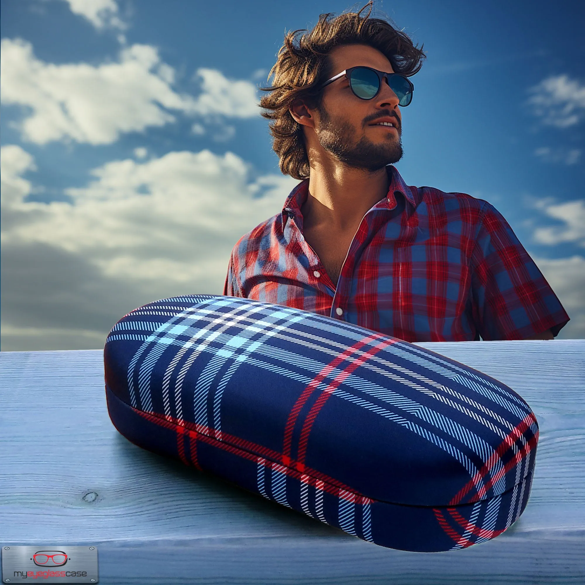 Hard Sunglasses Case in a Plaid Blue Pattern - Large Eyeglass Case Holder w/Pouch & Cloth for Medium- Large Frames (AS87 PLAID Blue