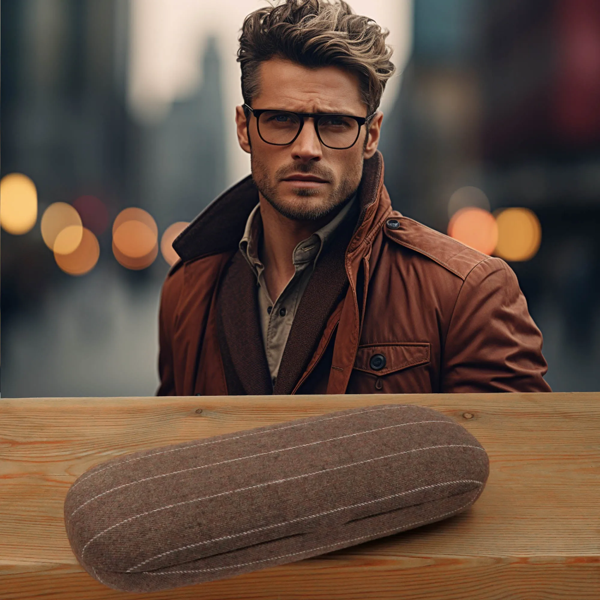 Men Hard Eyeglass Case for Small Narrow Slim Frames - Glasses Case Holder with pouch and Cleaning Cloth (S5 Tweed Brown)