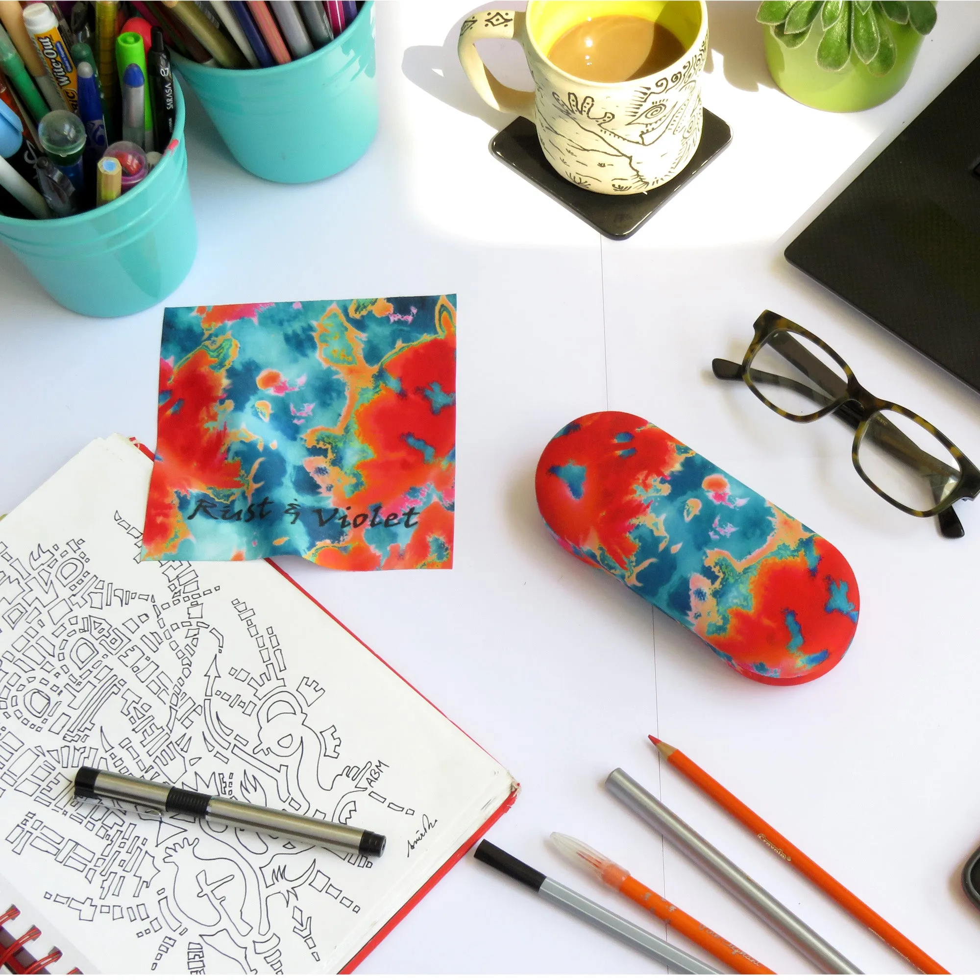 Men hard glasses case in Tie Die print - Women medium eyeglass case Pouch and Cloth (AS166L TD)