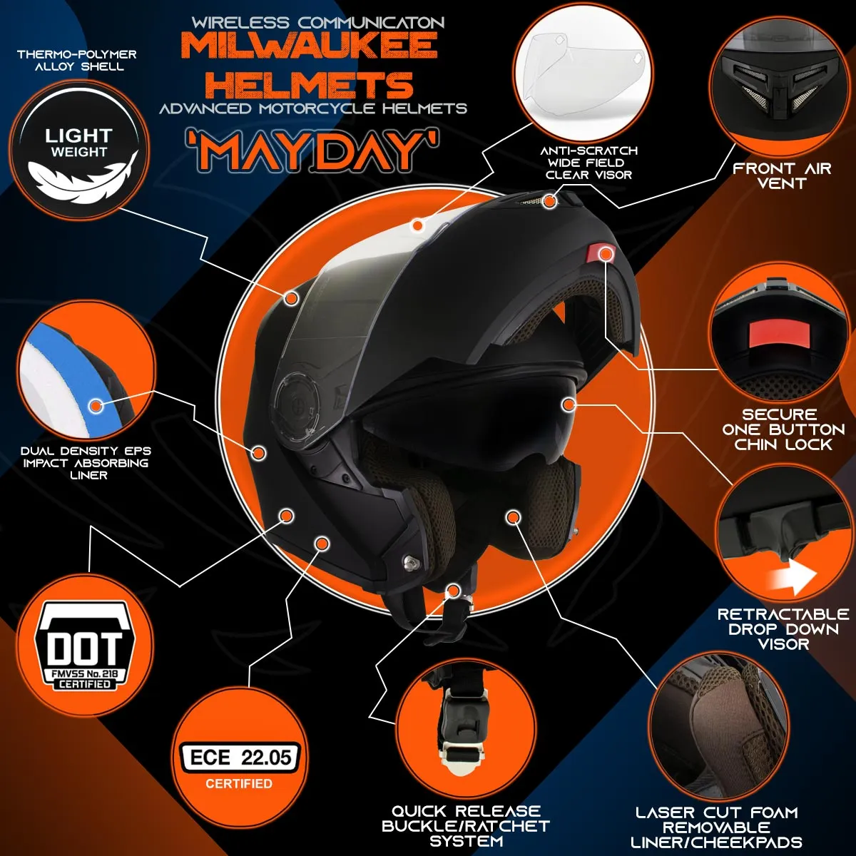 Milwaukee Helmets H7000 Glossy Black 'Mayday' Modular Motorcycle