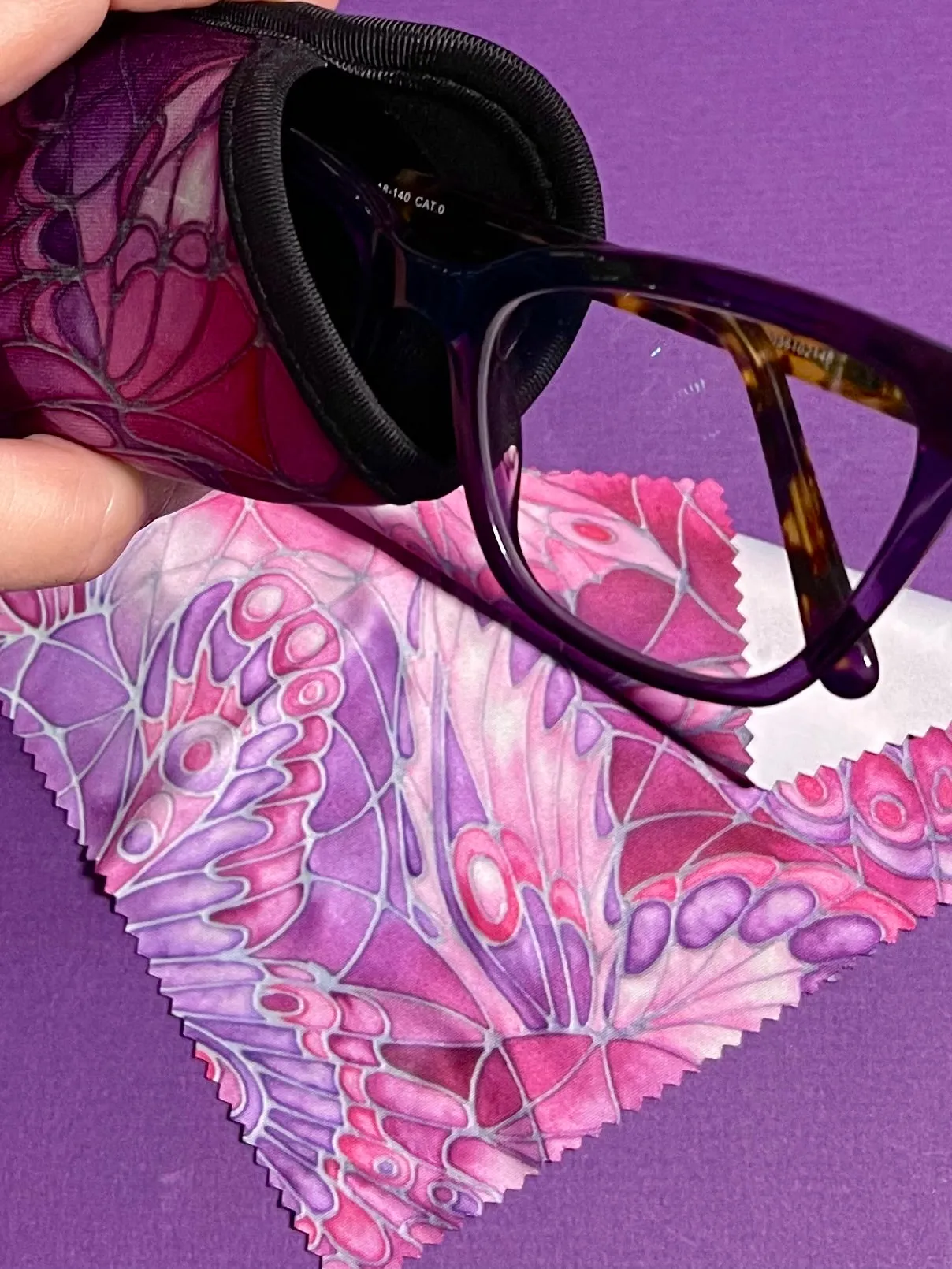 Plum Butterflies Glasses Cover & Cleaning Cloth - slip-on padded washable cover and microfibre cloth for glasses.