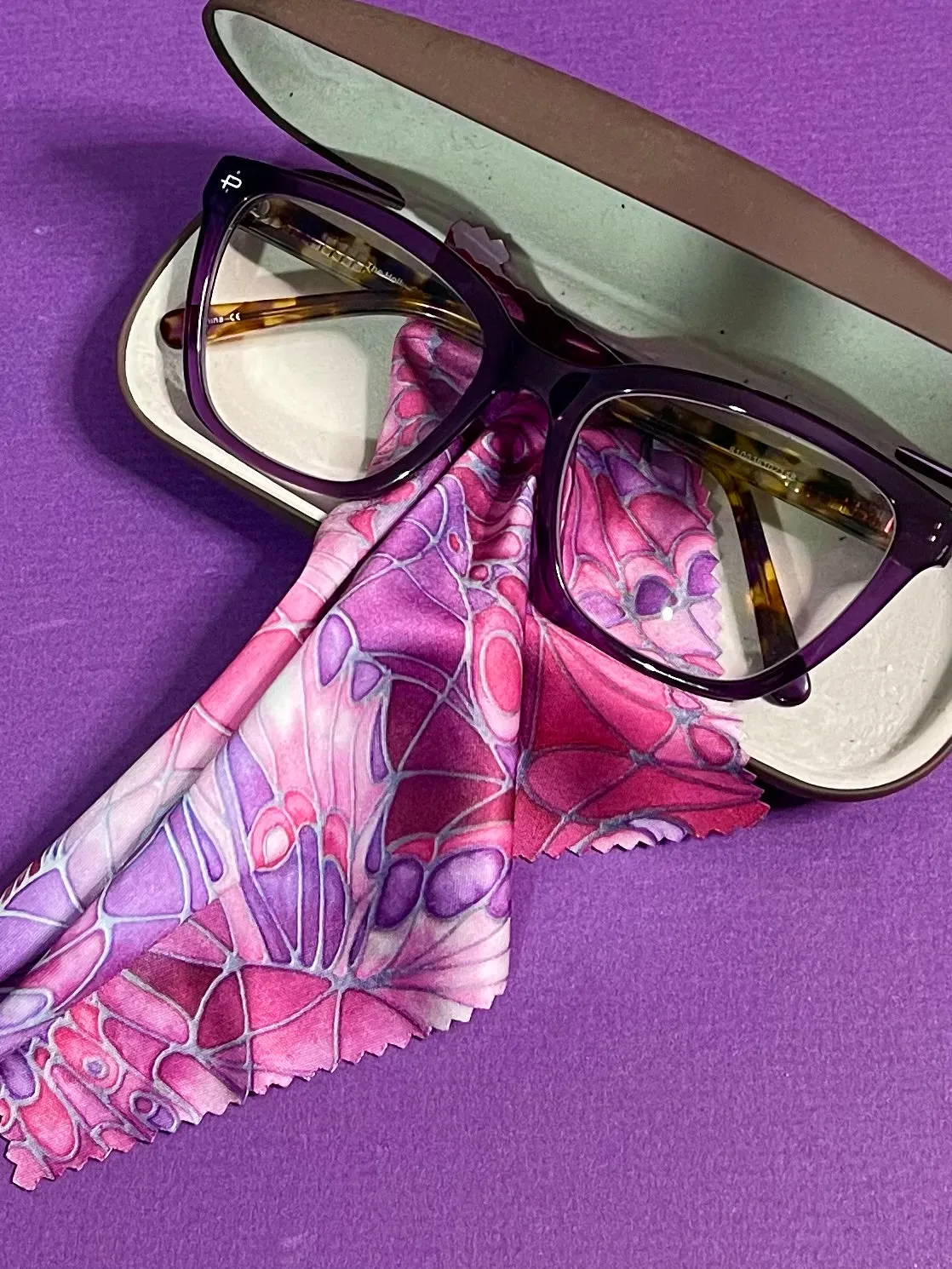 Plum Butterflies Glasses Cover & Cleaning Cloth - slip-on padded washable cover and microfibre cloth for glasses.