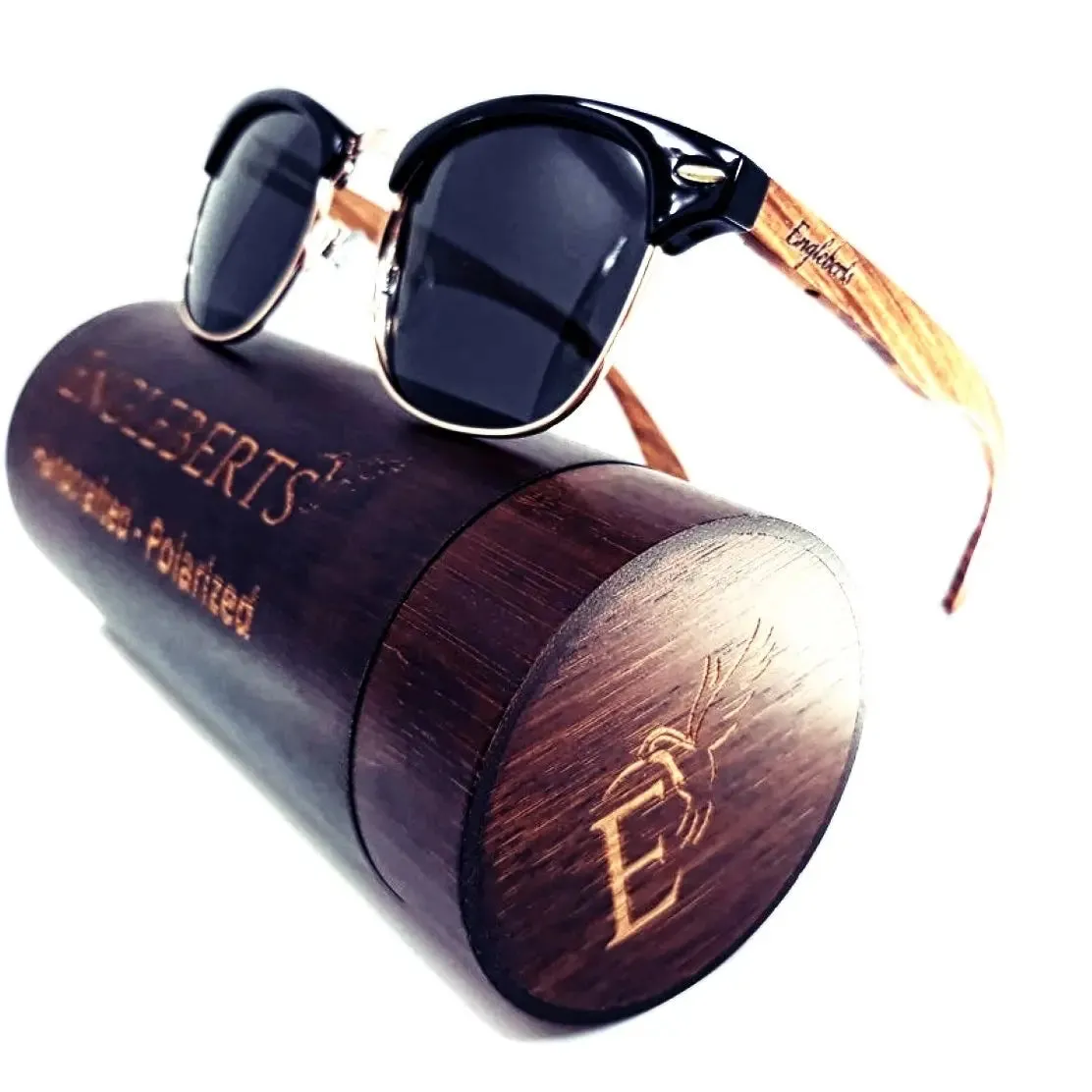 Real Walnut Wood Club Style Sunglasses With Bamboo Case, Polarized-Walnut Wood Sunglasses