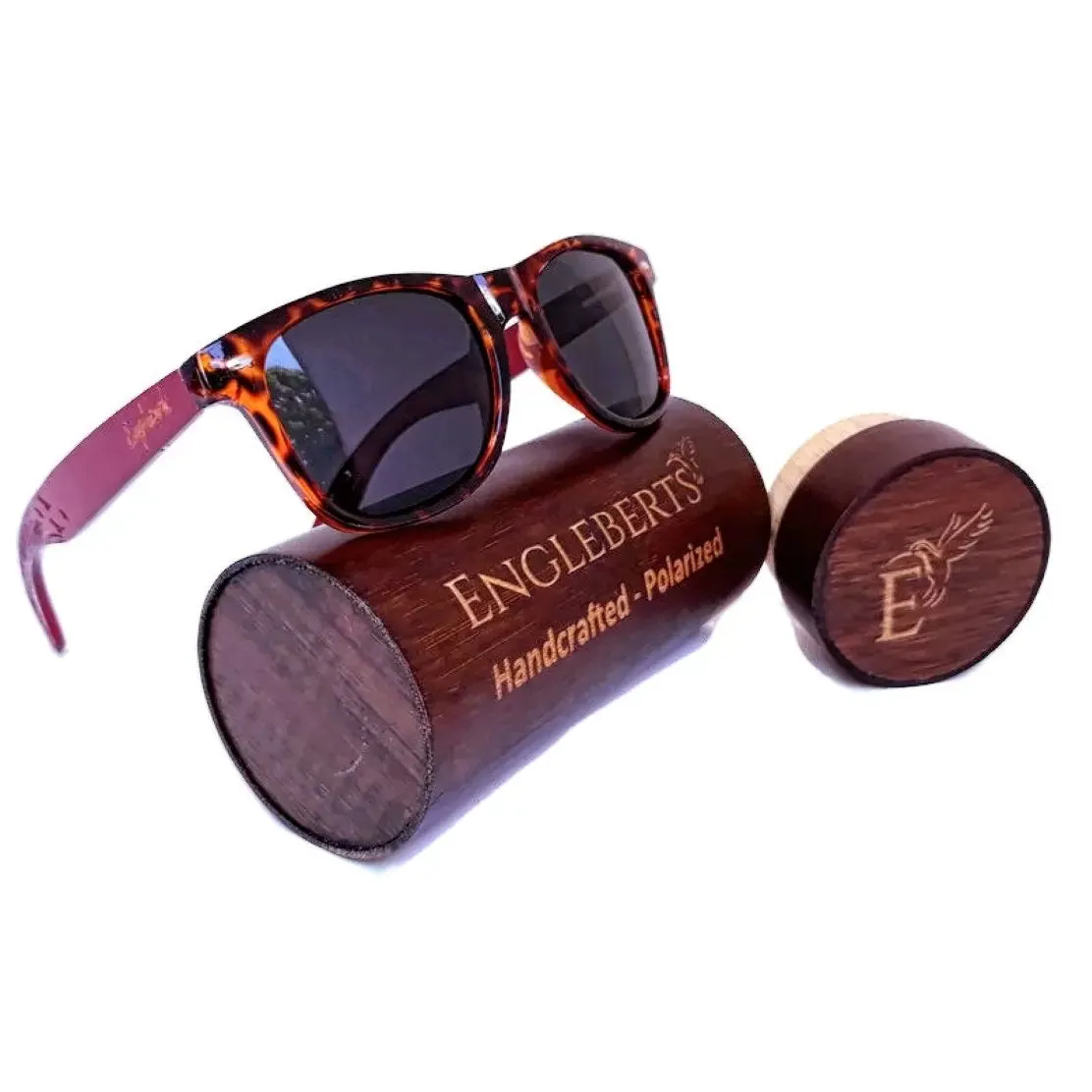 Red Bamboo Tortoise Framed Sunglasses With Wood Case, Artisan Engraved-Bamboo Sunglasses