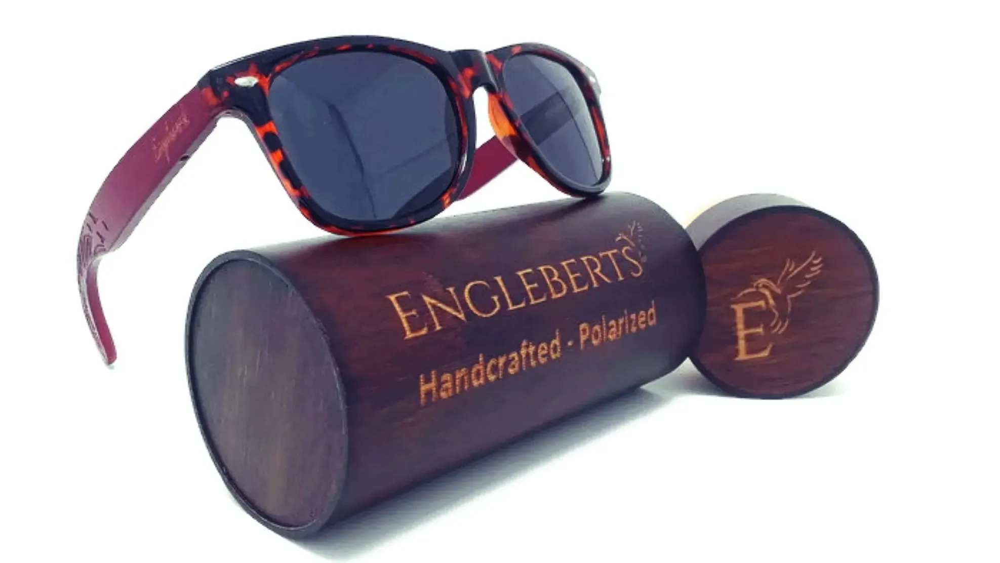 Red Bamboo Tortoise Framed Sunglasses With Wood Case, Artisan Engraved-Bamboo Sunglasses