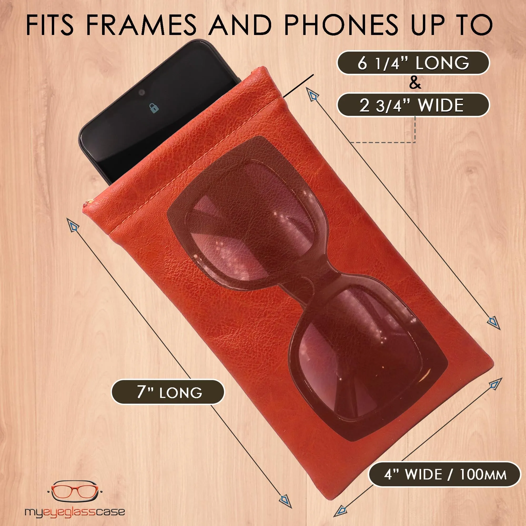 Soft Sunglasses Case in Brown Leatherette - Large Eyeglass Pouch - XL Glasses Holder w/ Cloth - Smart Phone Case (CT8 Brown)