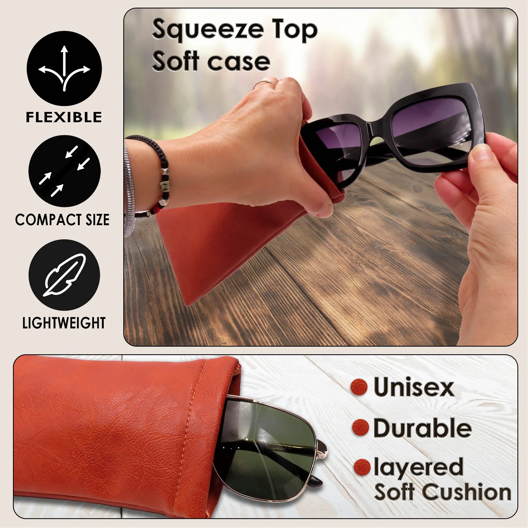 Soft Sunglasses Case in Brown Leatherette - Large Eyeglass Pouch - XL Glasses Holder w/ Cloth - Smart Phone Case (CT8 Brown)