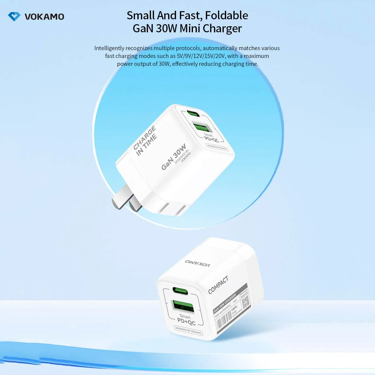 VOKAMO GaN 30W USB-C USB-A 2-Port Wall Charger USB C Fast Charger