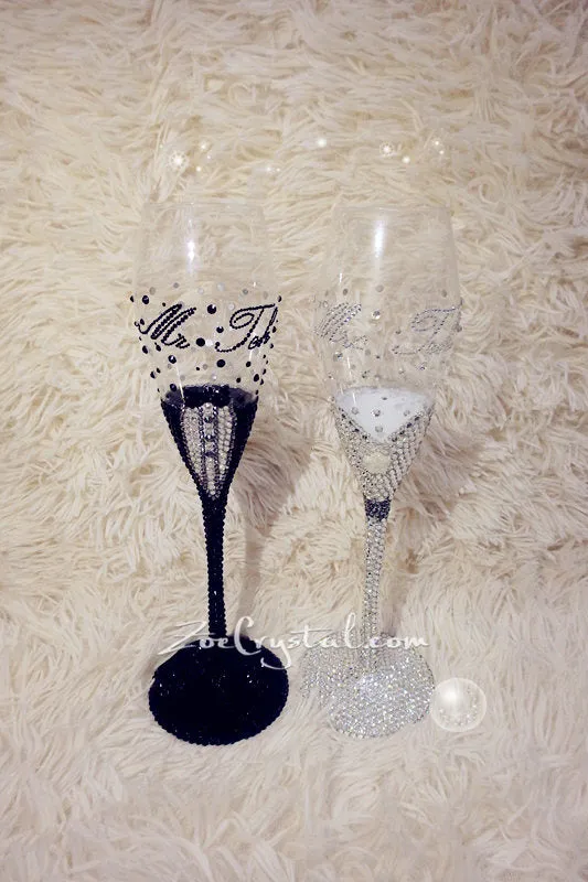 WEDDING BRIDE GROOM Champagne Toasting Flutes or Glasses with Bling & Bedazzled Crystal Rhinestones Optional to pick Swarovski