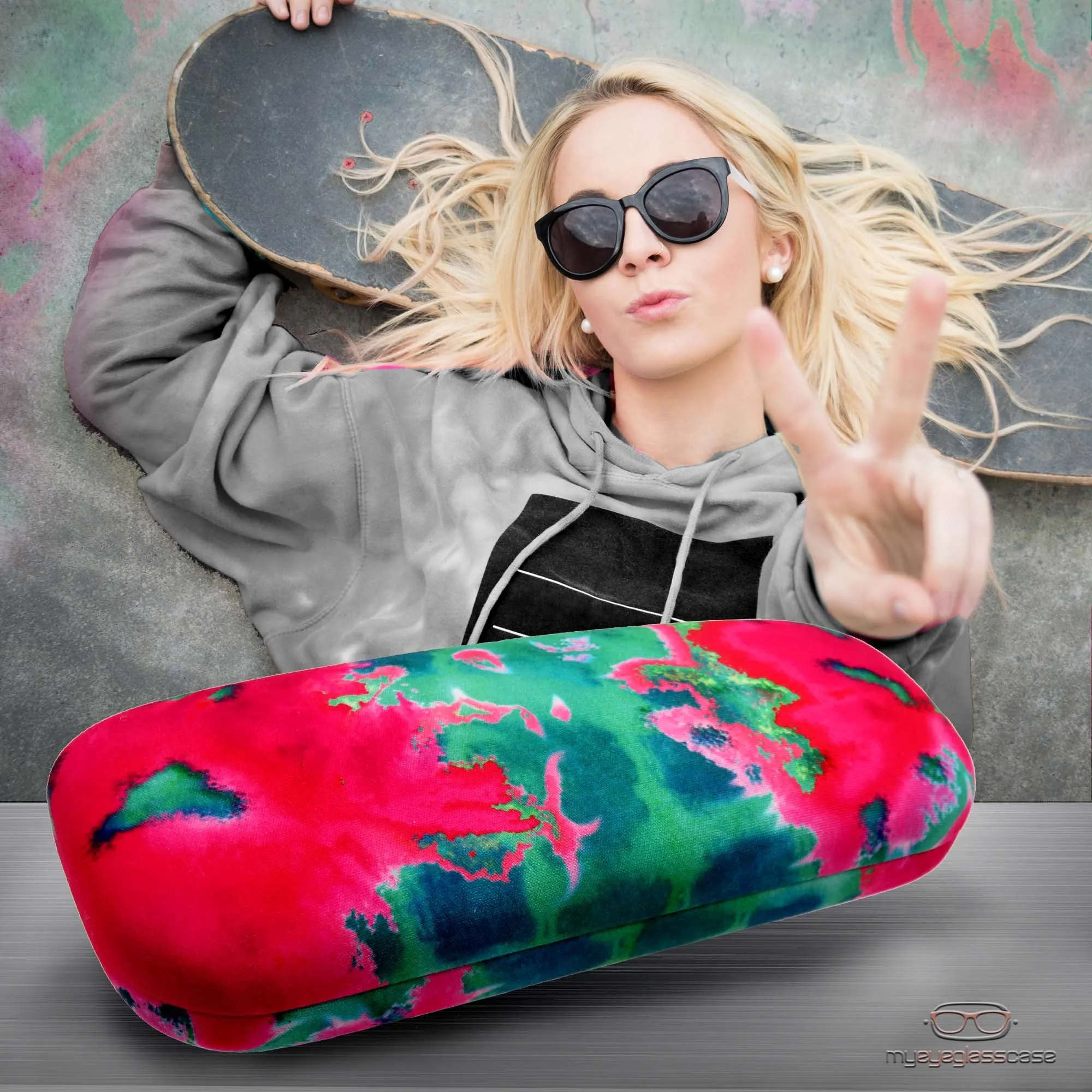 Women hard glasses case - eyeglass case Holder w/Pouch & Cloth Medium size  (AS126 Tie Dye)