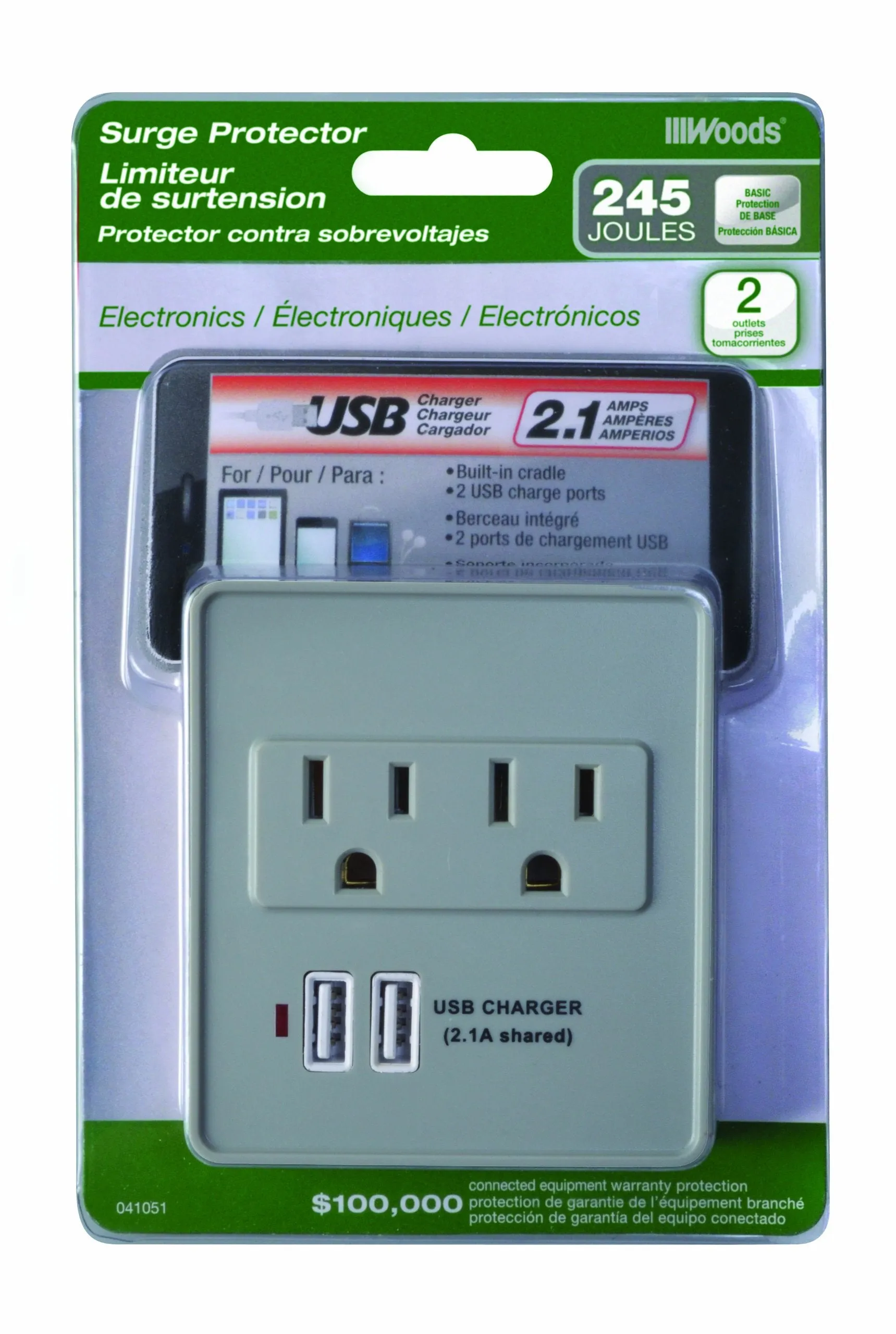 Woods 410517821 2 Outlet 2 USB Wall Tap Surge Protector